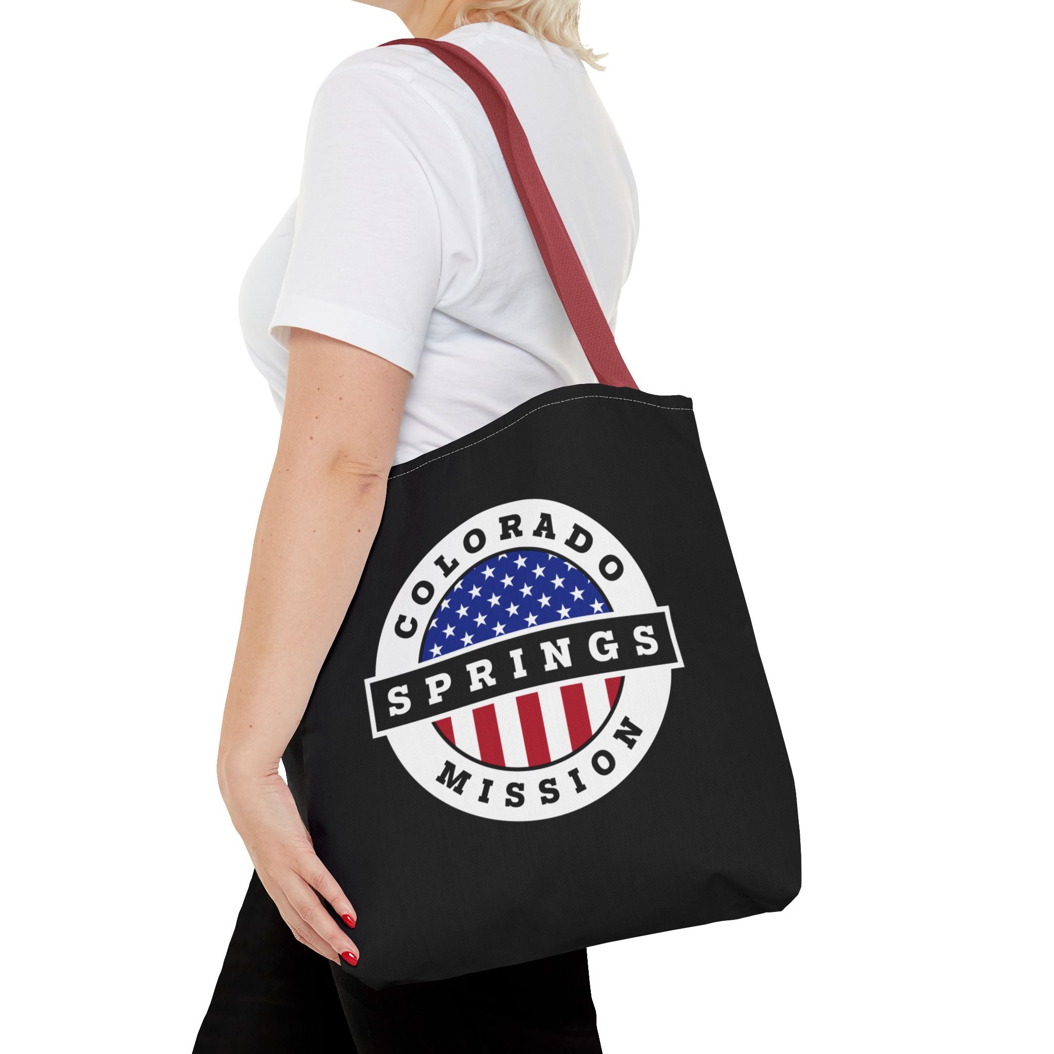 Colorado Colorado Springs Mission USA Flag Logo Tote Bag Black - Latter-Day Saint LDS Missionary Gift - Book of Mormon