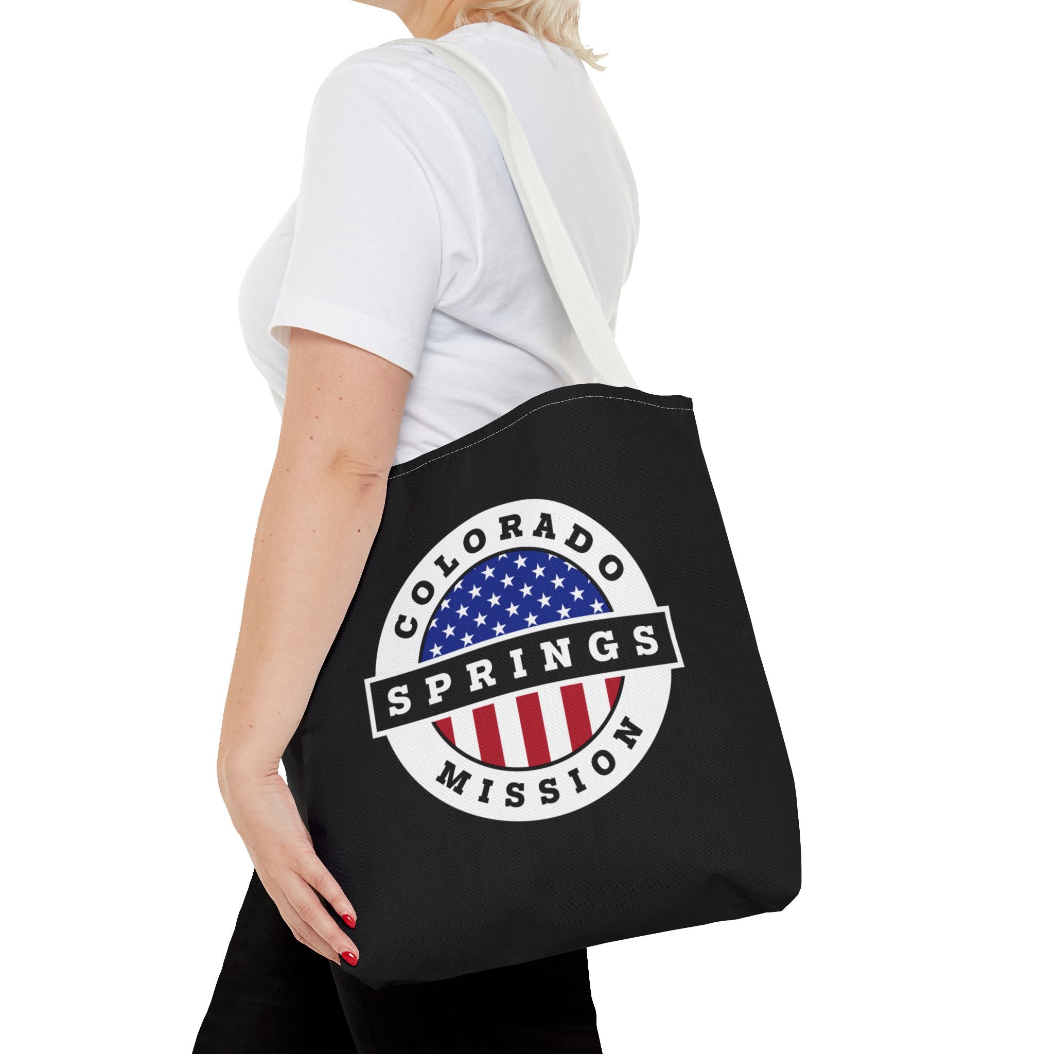 Colorado Colorado Springs Mission USA Flag Logo Tote Bag Black - Latter-Day Saint LDS Missionary Gift - Book of Mormon