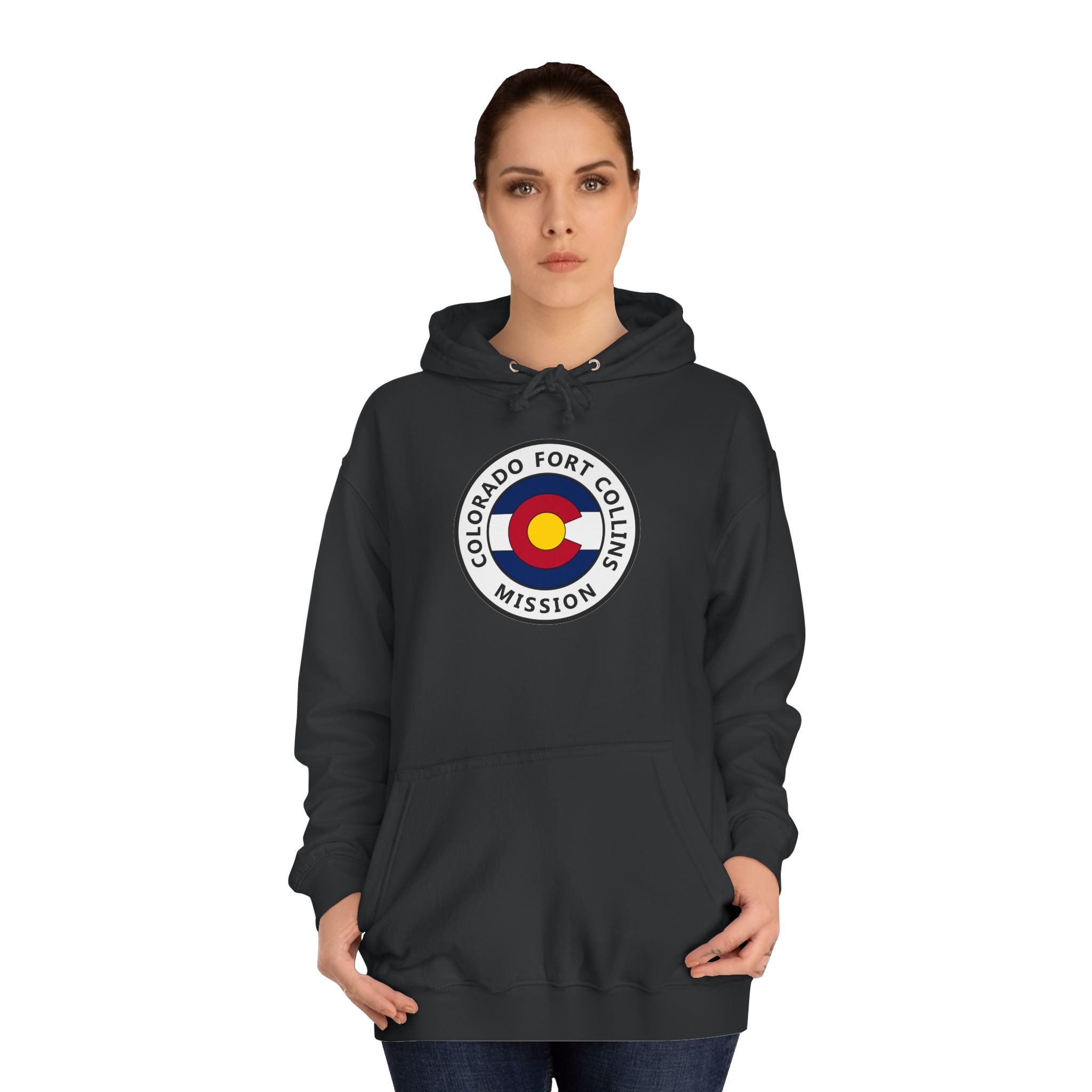 Colorado Fort Collins Mission State Flag Logo (White Border) College Hoodie