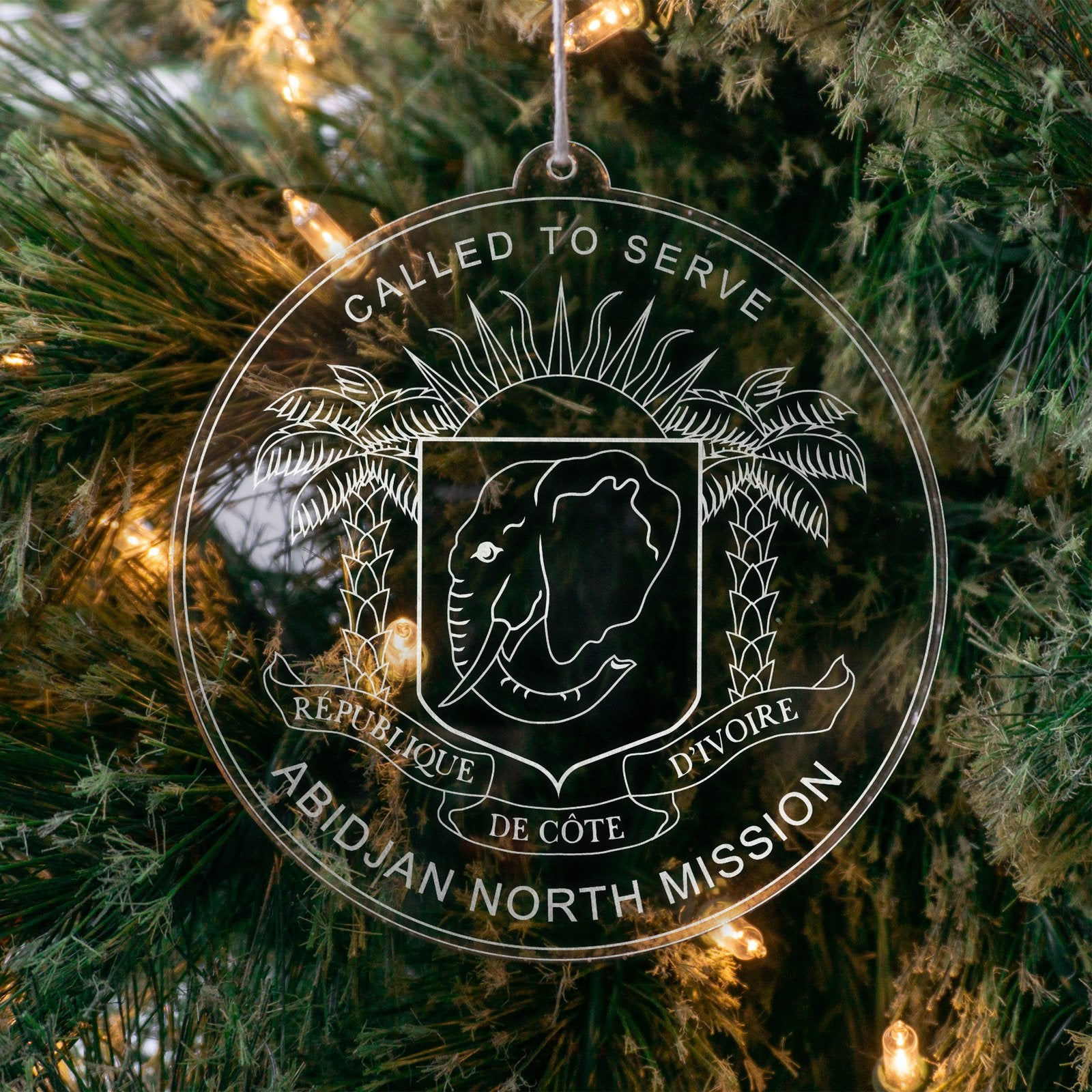 LDS Cote d'Ivoire Abidjan North Mission Christmas Ornament hanging on a Tree