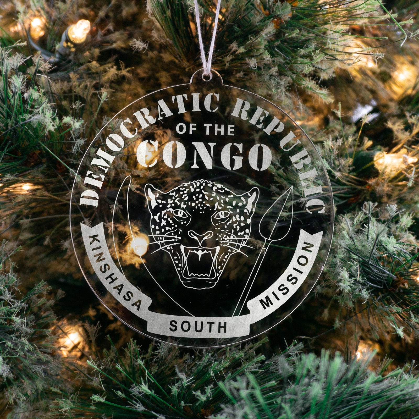 LDS Democratic Republic of the Congo Kinshasa South Mission Christmas Ornament hanging on a Tree