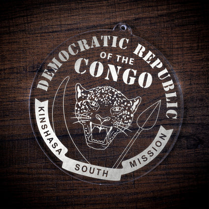 LDS Democratic Republic of the Congo Kinshasa South Mission Christmas Ornament laying on a Wooden Background
