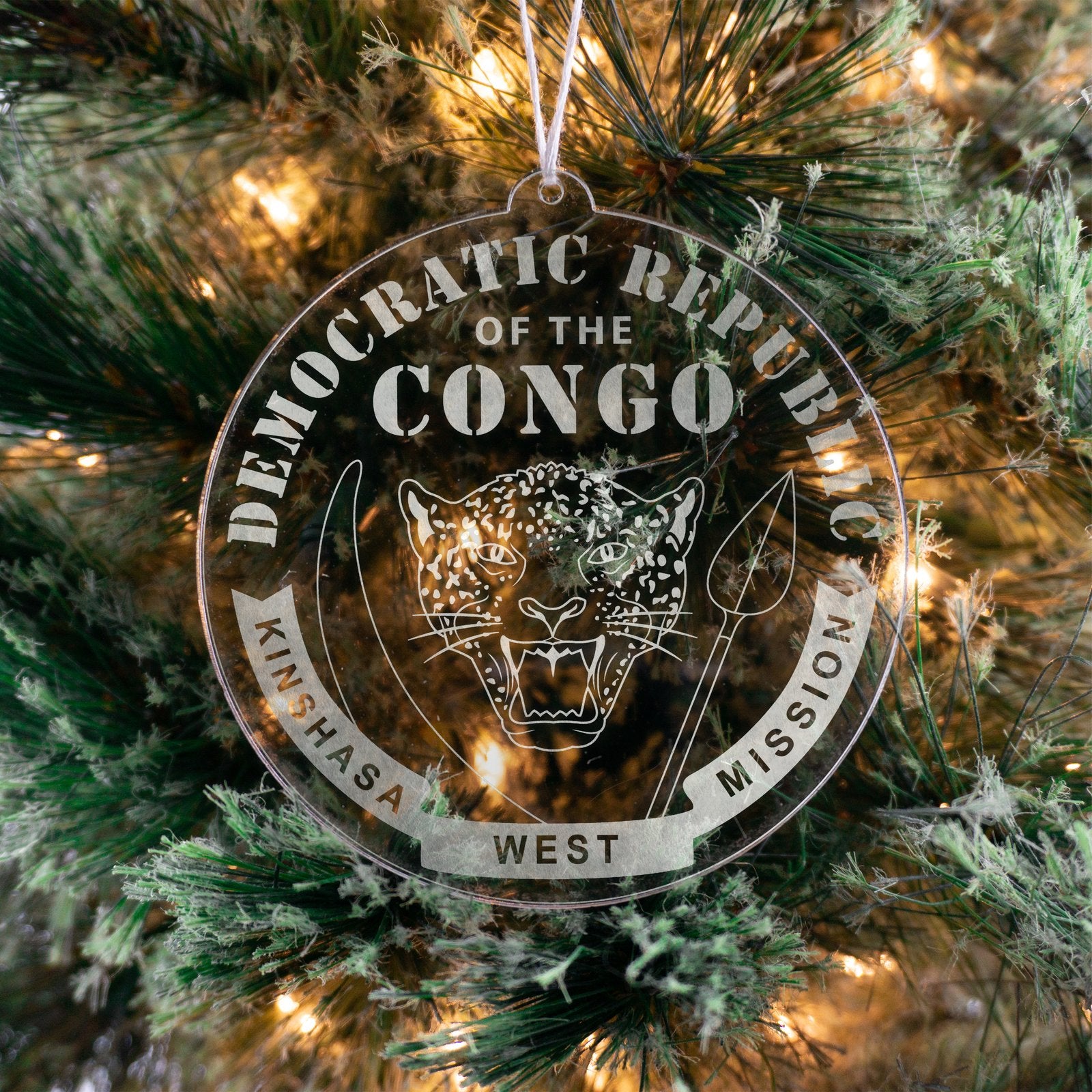 LDS Democratic Republic of the Congo Kinshasa West Mission Christmas Ornament hanging on a Tree