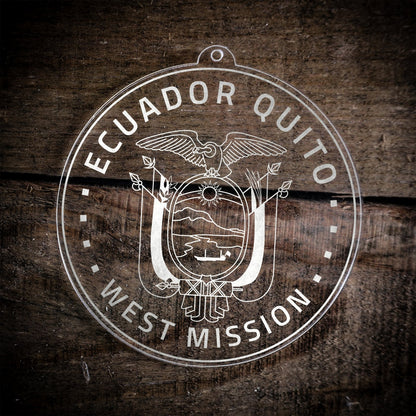 LDS Ecuador Quito West Mission Christmas Ornament laying on a Wooden Background
