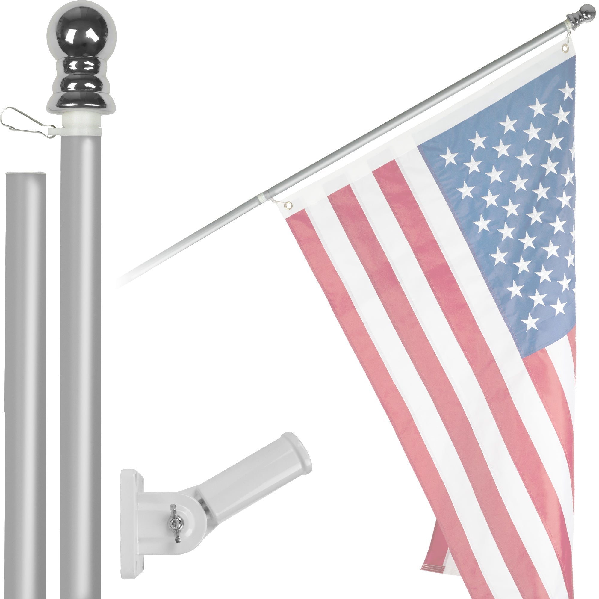 G128 6Ft Tangle-Free Aluminum Spinning Silver Flagpole - Aluminum Wall Mount Flag Pole for Commercial/Residential Use (Flag NOT Included)