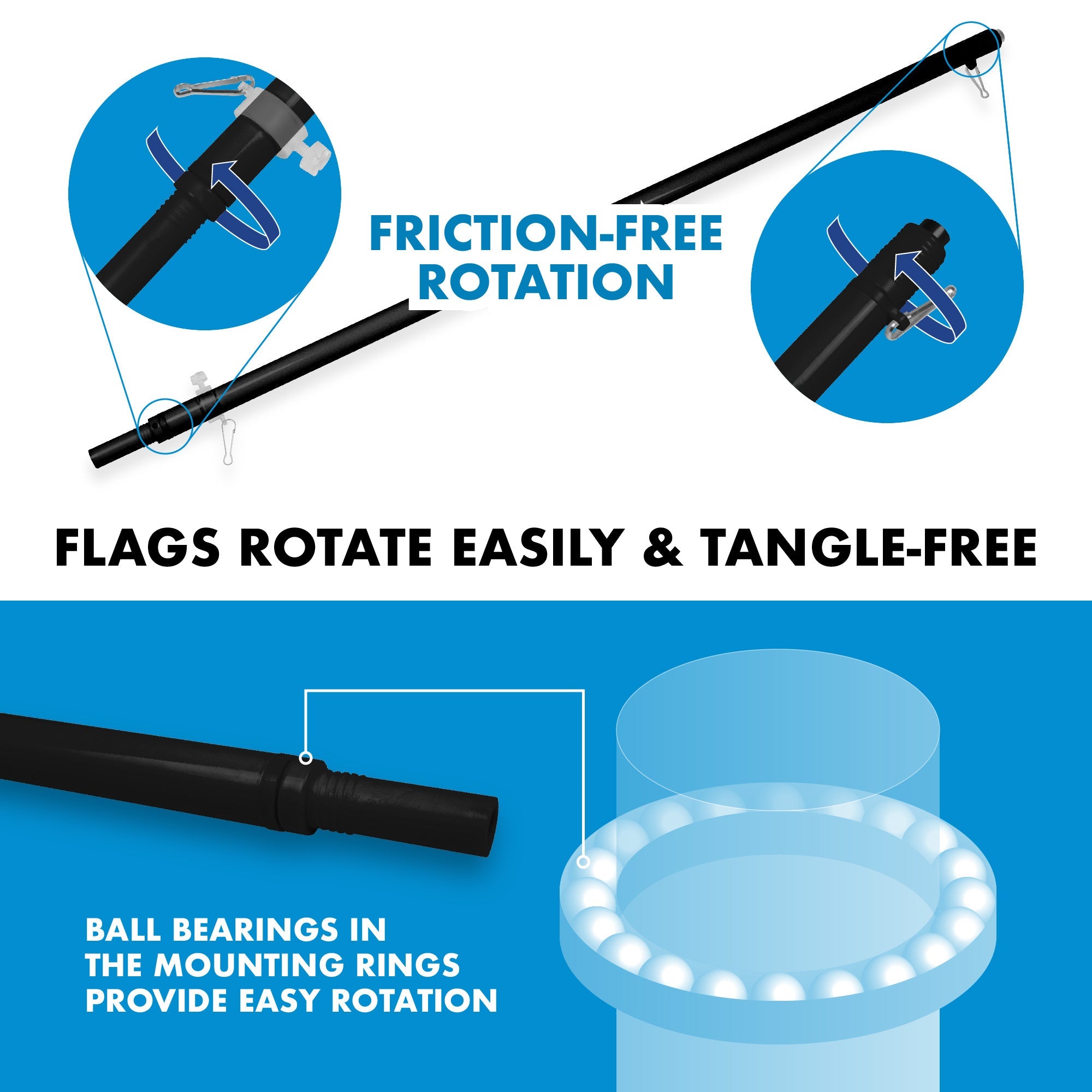 G128 6Ft Tangle-Free Aluminum Spinning Black Flagpole - Aluminum Wall Mount Flag Pole for Commercial/Residential Use (Flag NOT Included)