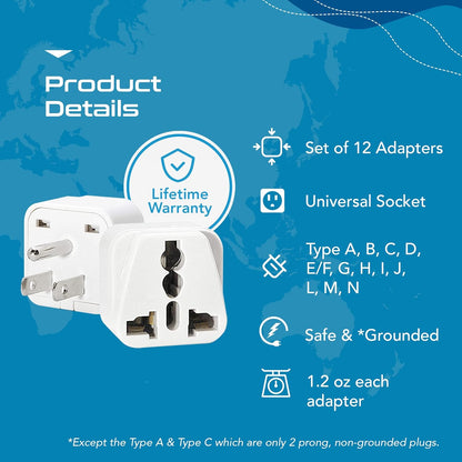 International Travel Adapter Plug Set - 12 pcs (GP-12PK ) - Grounded