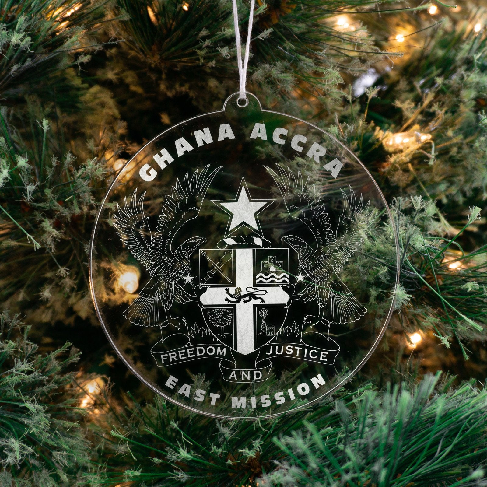 LDS Ghana Accra East Mission Christmas Ornament hanging on a Tree
