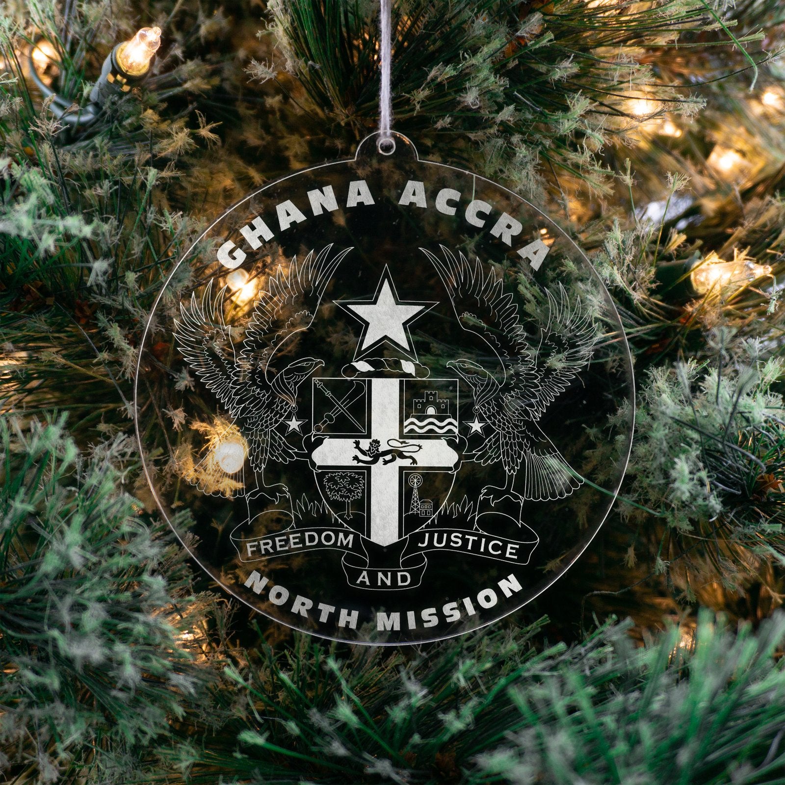 LDS Ghana Accra North Mission Christmas Ornament hanging on a Tree