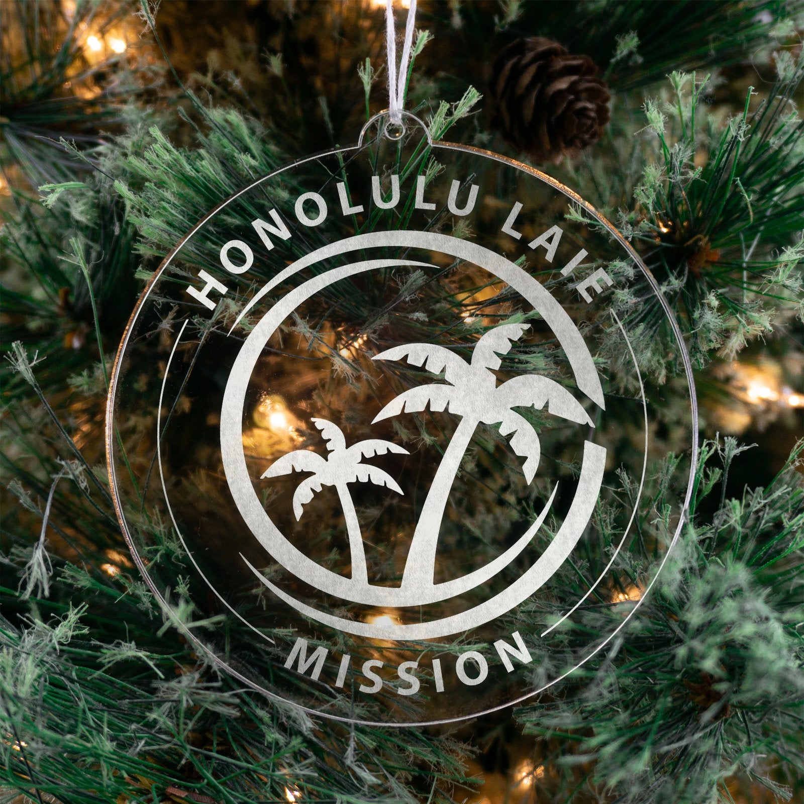 LDS Hawaii Laie Mission Christmas Ornament hanging on a Tree