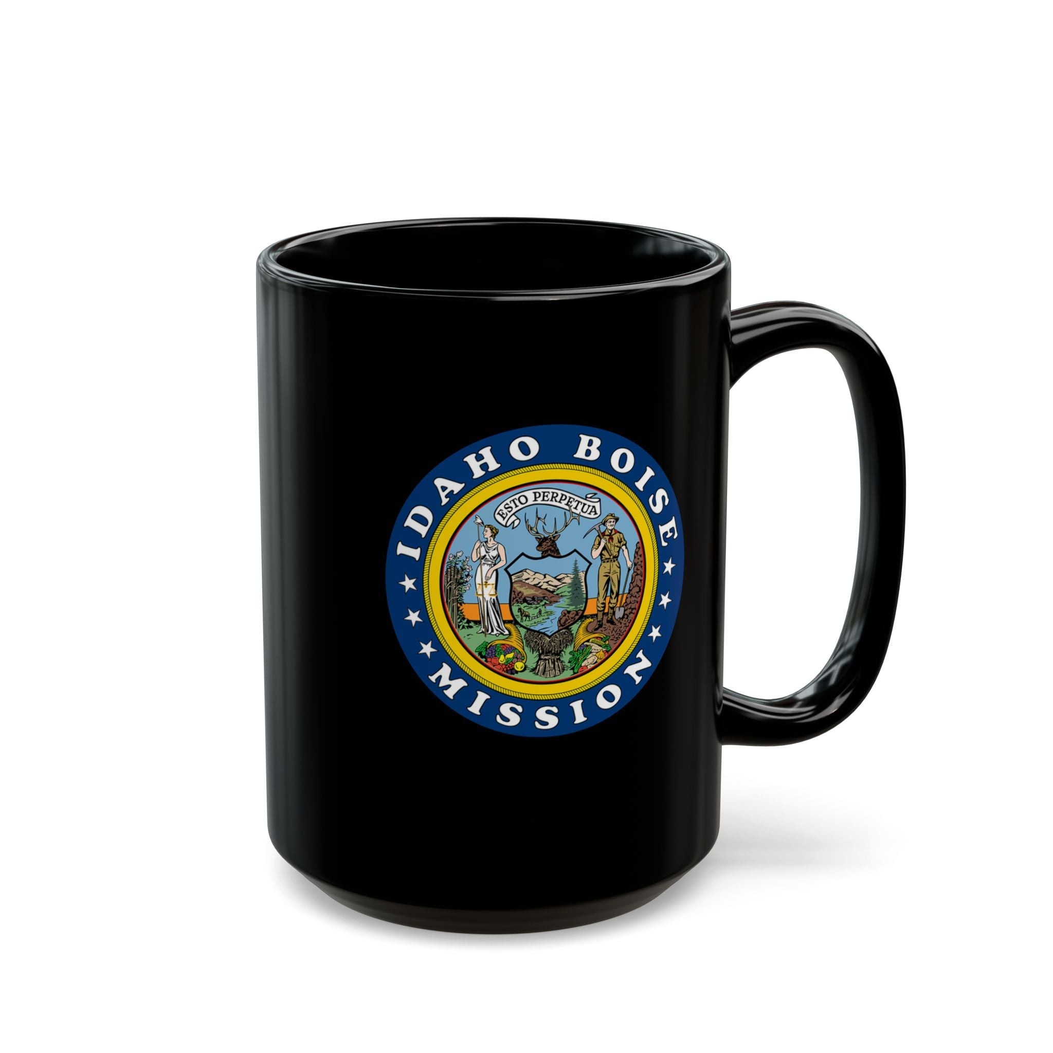 Idaho Boise Mission State Flag Logo Ceramic Mug Black Name - Latter-Day Saint LDS Missionary Gift - Book of Mormon