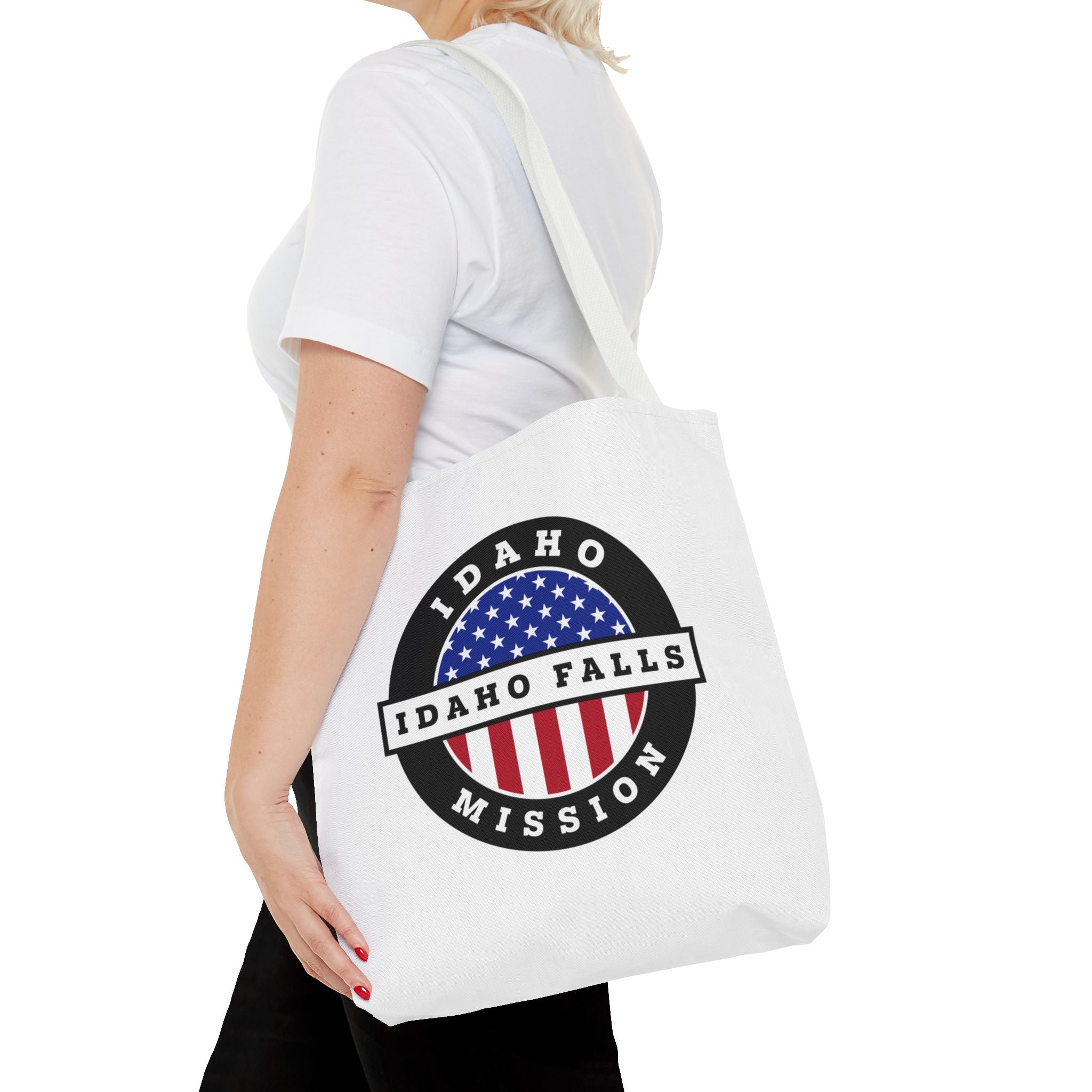 Idaho Idaho Falls Mission USA Flag Logo Tote Bag White - Latter-Day Saint LDS Missionary Gift - Book of Mormon