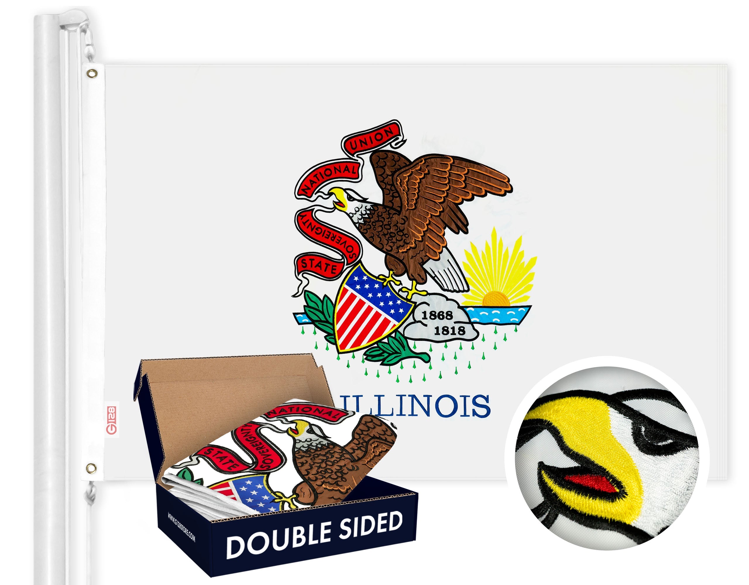 Illinois State Flag 210D Embroidered Polyester 3x5 Ft - Double Sided 3ply