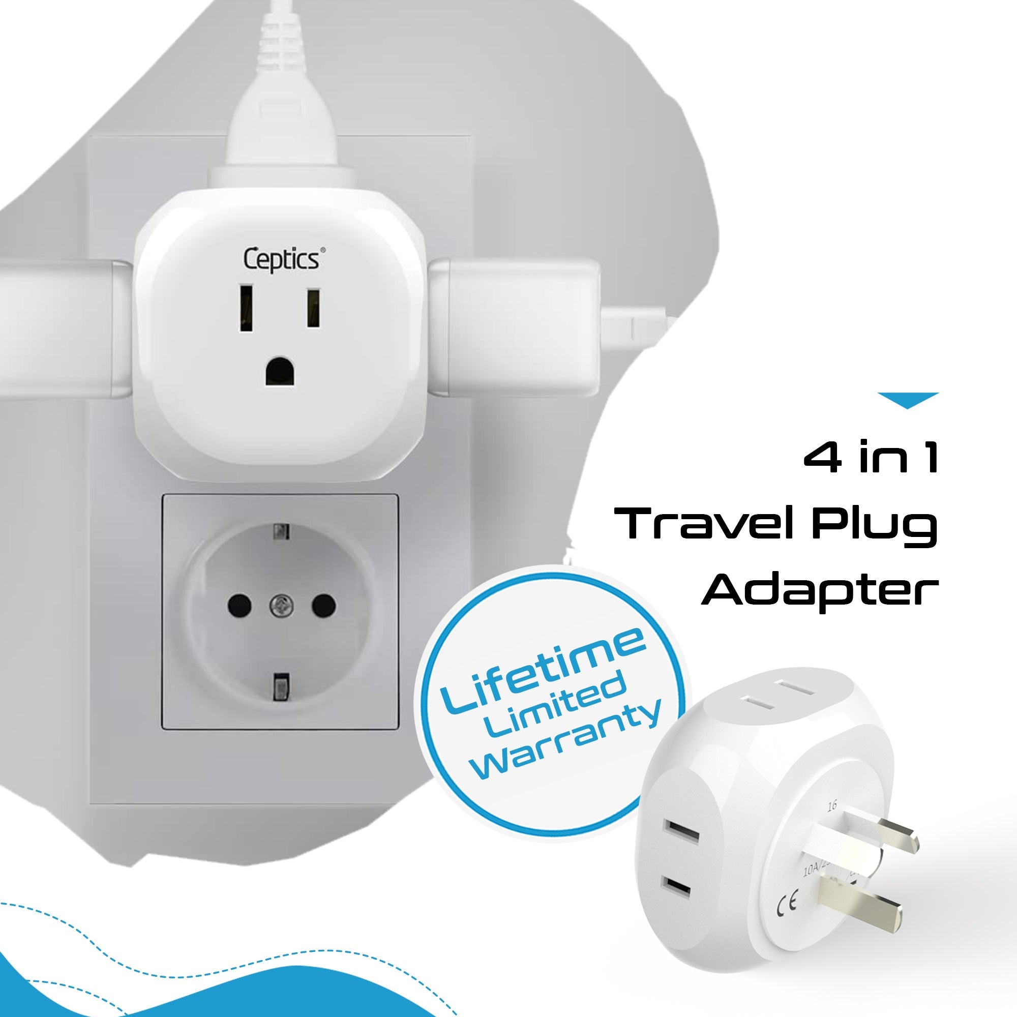Australia, New Zealand, China Travel Plug Adapter - 4 in 1 - Ultra Compact - Light Weight (PT-16)