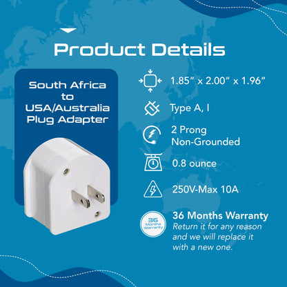 South Africa to USA/Australia - Type A, I - Travel Plug Adapter - Non-Grounded (SA-US-AU)