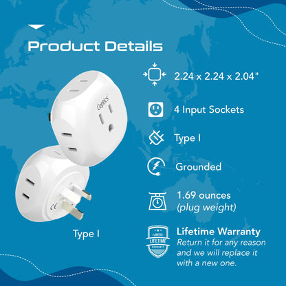 Australia, New Zealand, China Travel Plug Adapter - 4 in 1 - Ultra Compact - Light Weight (PT-16)