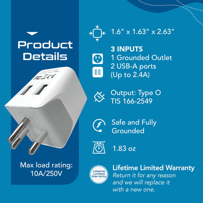 Thailand Travel Adapter - Type O - Dual USB (CTU-18)