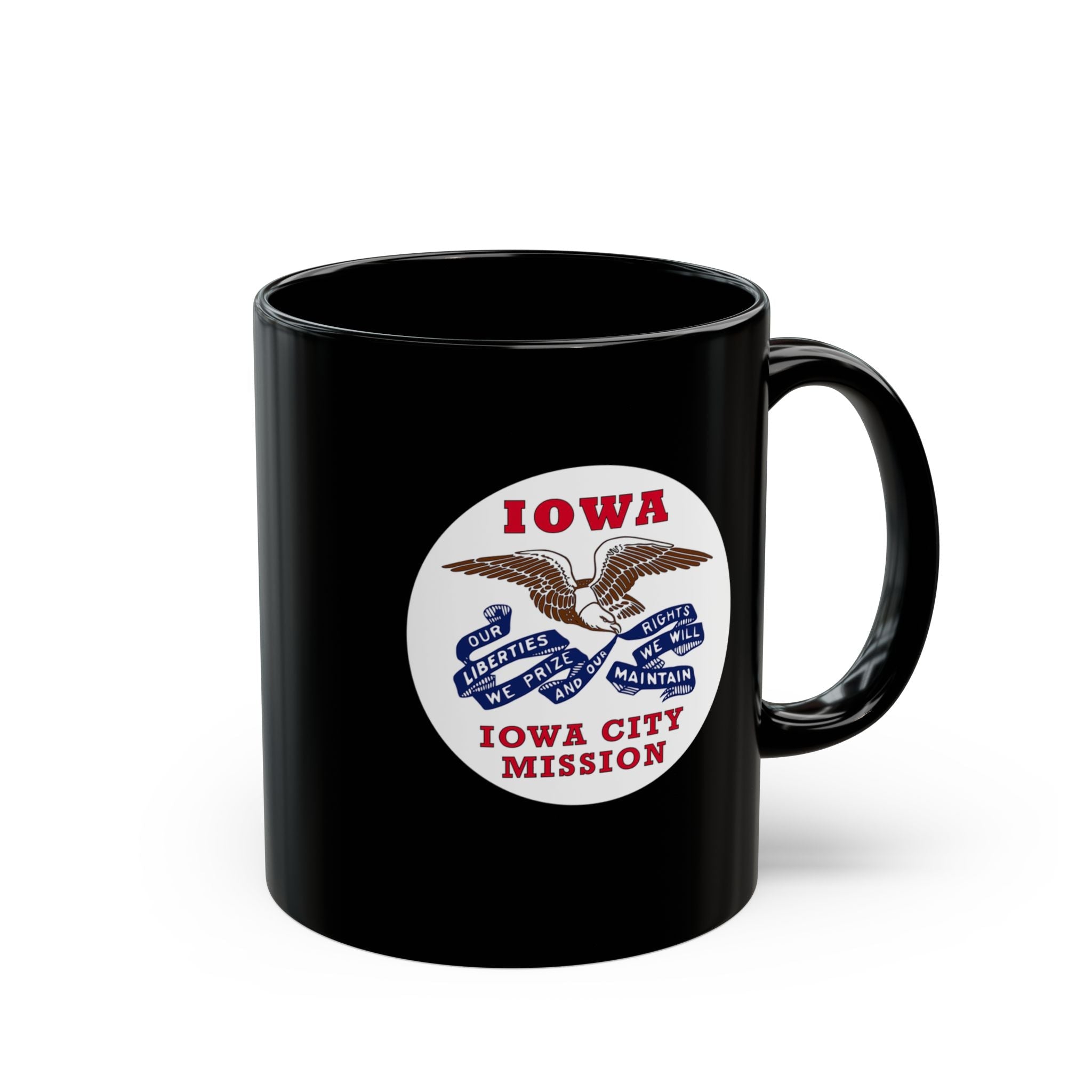 Iowa Iowa City Mission State Flag Logo Ceramic Mug Black Name - Latter-Day Saint LDS Missionary Gift - Book of Mormon