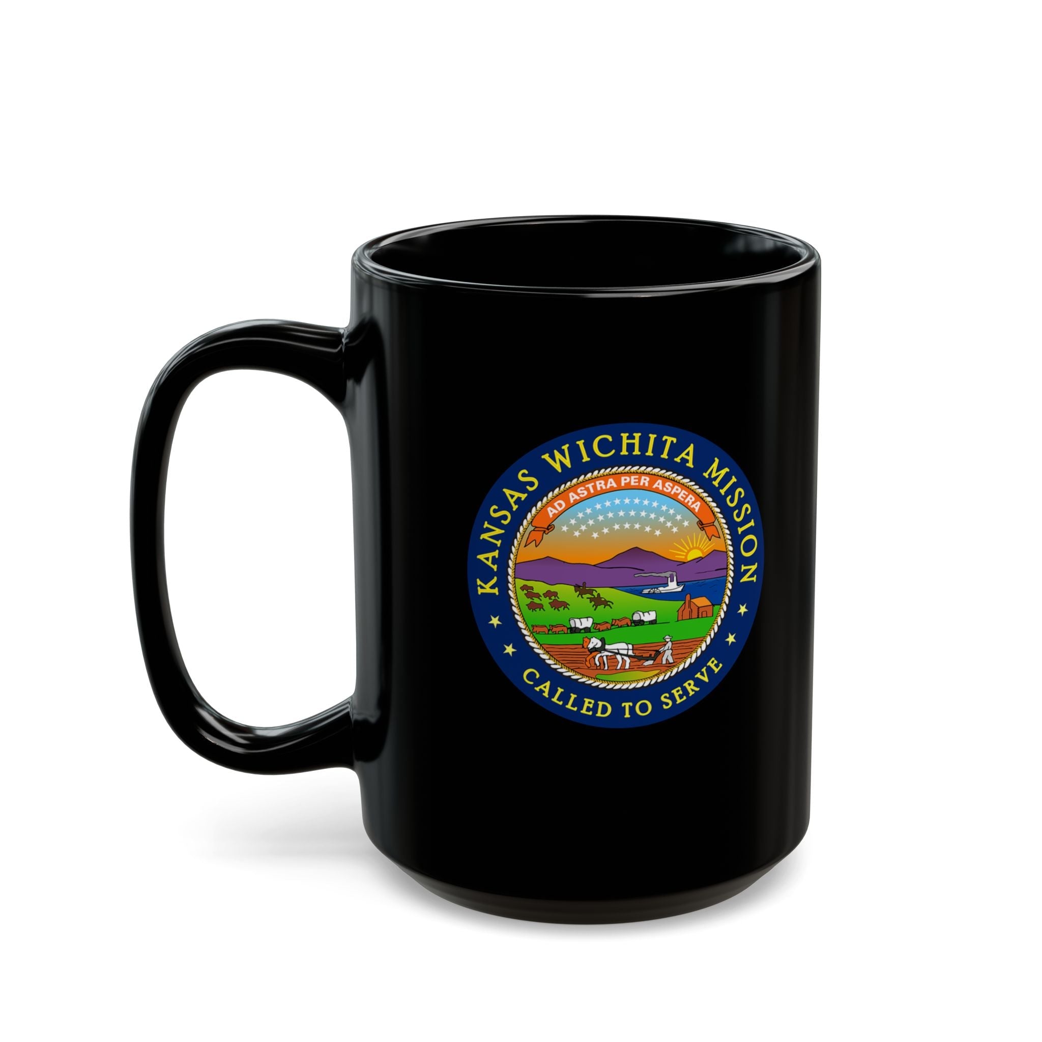 Kansas Wichita Mission State Flag Logo Ceramic Mug Black Name - Latter-Day Saint LDS Missionary Gift - Book of Mormon