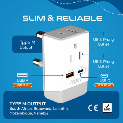 South Africa Travel Adapter | Type M - USB-A & USB-C Ports + 2 USA Outlet (AP-10L)