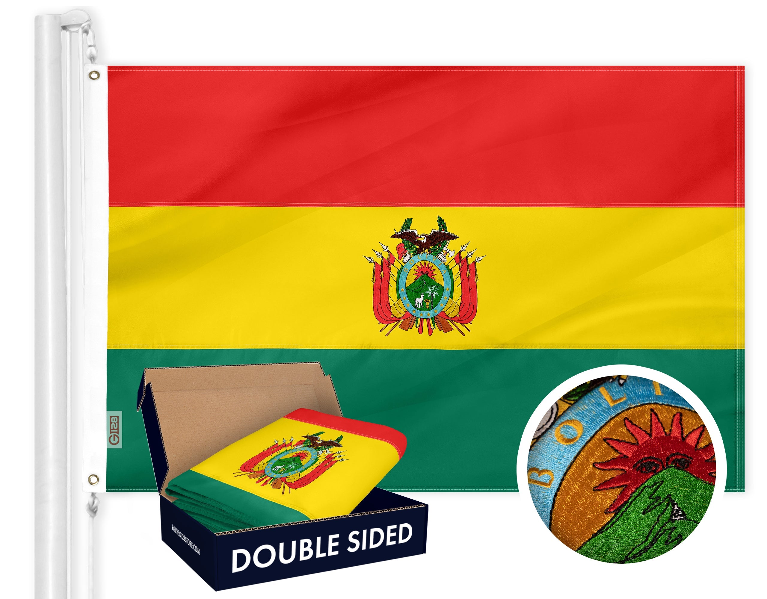 Bolivia (Bolivian) Flag | 3x5 feet | Double Sided Embroidered 210D Indoor/Outdoor, Brass Grommets, Heavy Duty Polyester