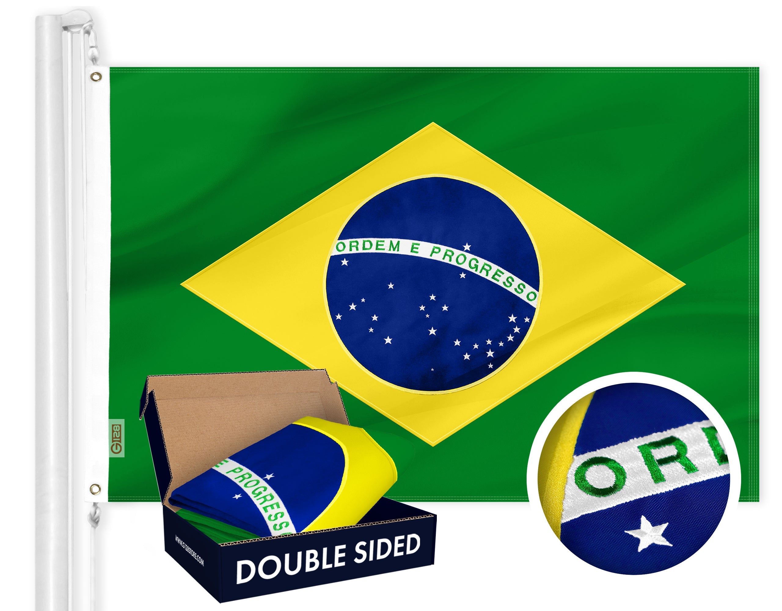G128 Brazil (Brazilian) Flag | 3x5 feet | Double Sided Embroidered 210D Indoor/Outdoor, Brass Grommets, Heavy Duty Polyester