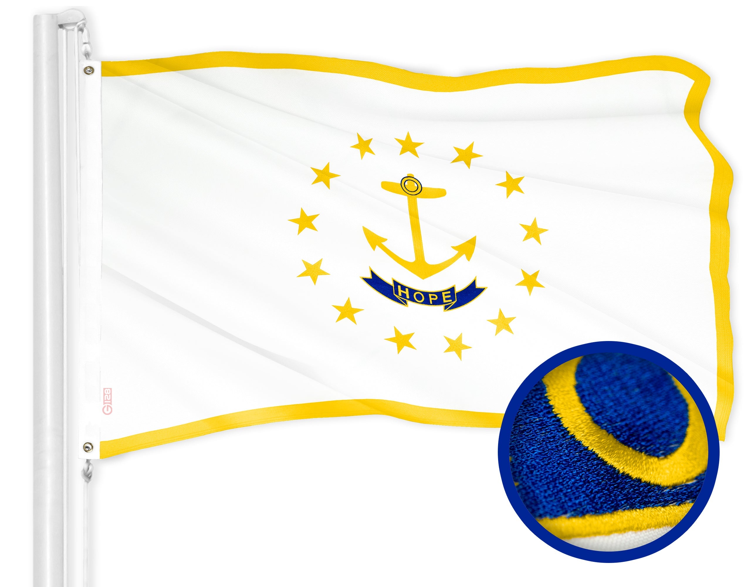 G128 Rhode Island State Flag | 2.5x4 Ft | ToughWeave Series Embroidered 300D Polyester | Embroidered Design, Indoor/Outdoor, Brass Grommets