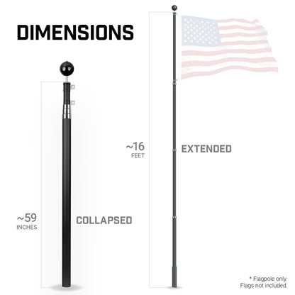 G128 16Ft Telescoping Aluminum Black Flagpole | In Ground Heavy Duty Telescopic Flag Pole for Commercial/Residential Use | Flag NOT Included