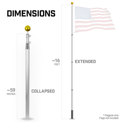 G128 16Ft Telescoping Aluminum Silver Flagpole | In Ground Heavy Duty Telescopic Flag Pole for Commercial/Residential Use | Flag NOT Included