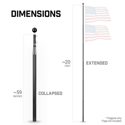G128 20Ft Telescoping Aluminum Black Flagpole | In Ground Heavy Duty Telescopic Flag Pole for Commercial/Residential Use | Flag NOT Included