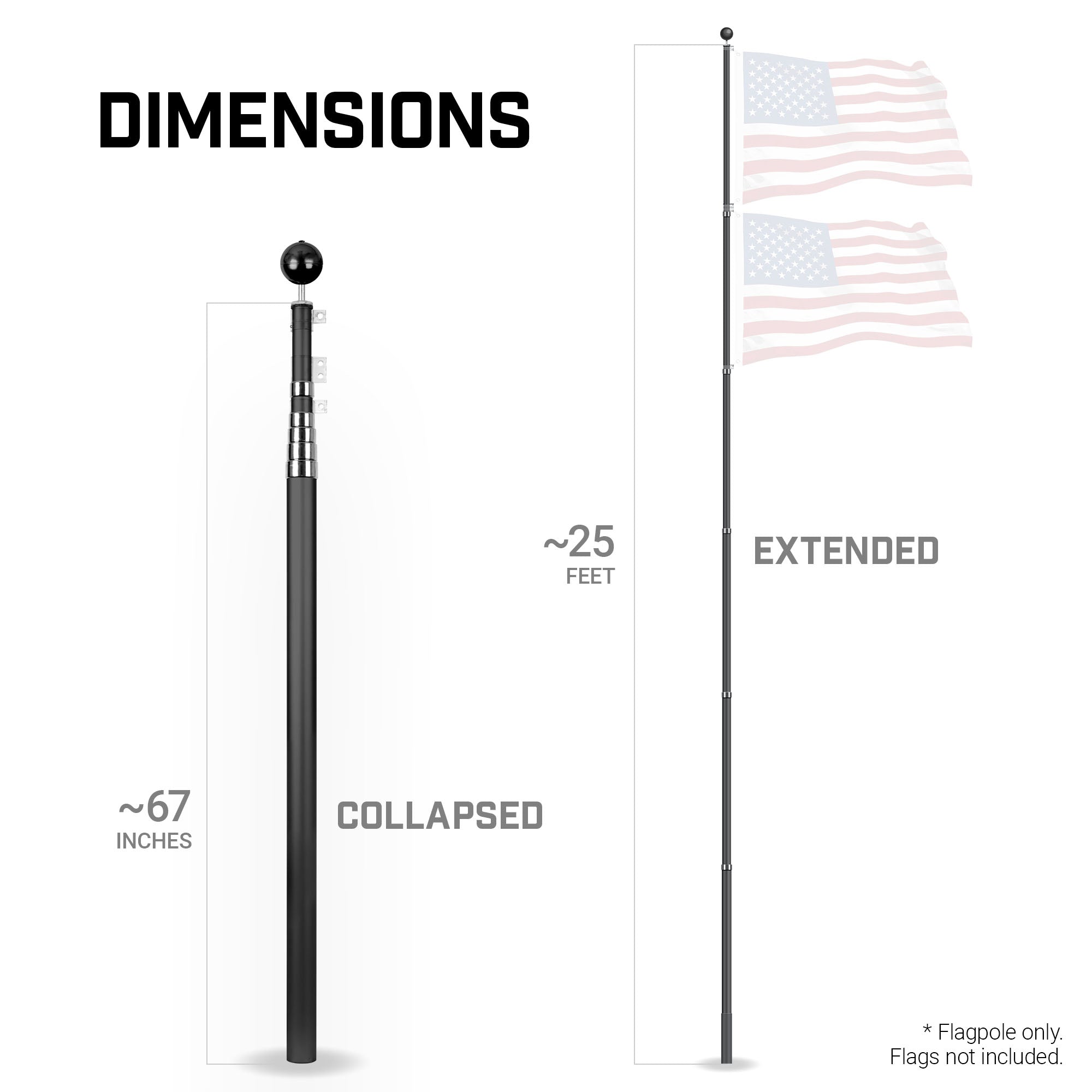 G128 25Ft Telescoping Aluminum Black Flagpole | In Ground Heavy Duty Telescopic Flag Pole for Commercial/Residential Use | Flag NOT Included