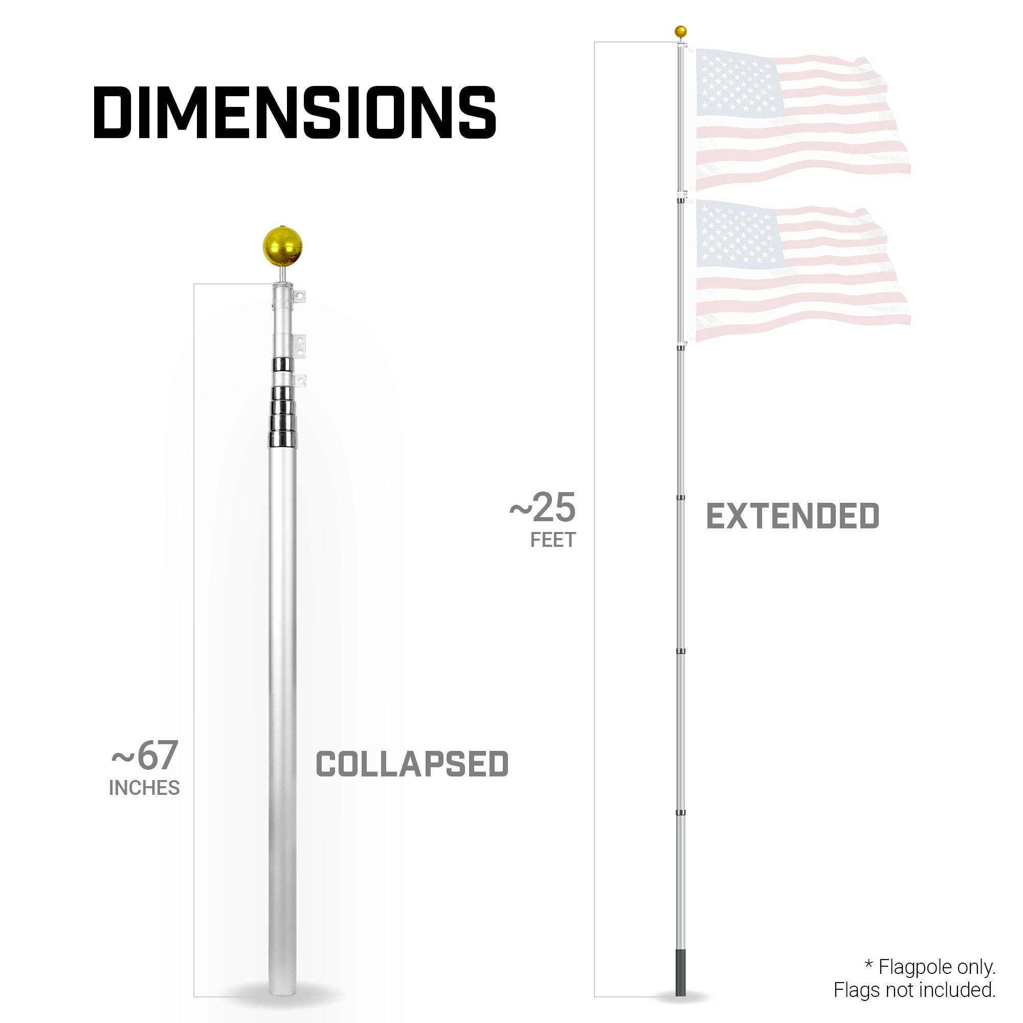 G128 25Ft Telescoping Aluminum Silver Flagpole | In Ground Heavy Duty Telescopic Flag Pole for Commercial/Residential Use | Flag NOT Included