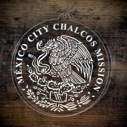LDS Mexico Mexico City Chalcos Mission Christmas Ornament laying on a Wooden Background
