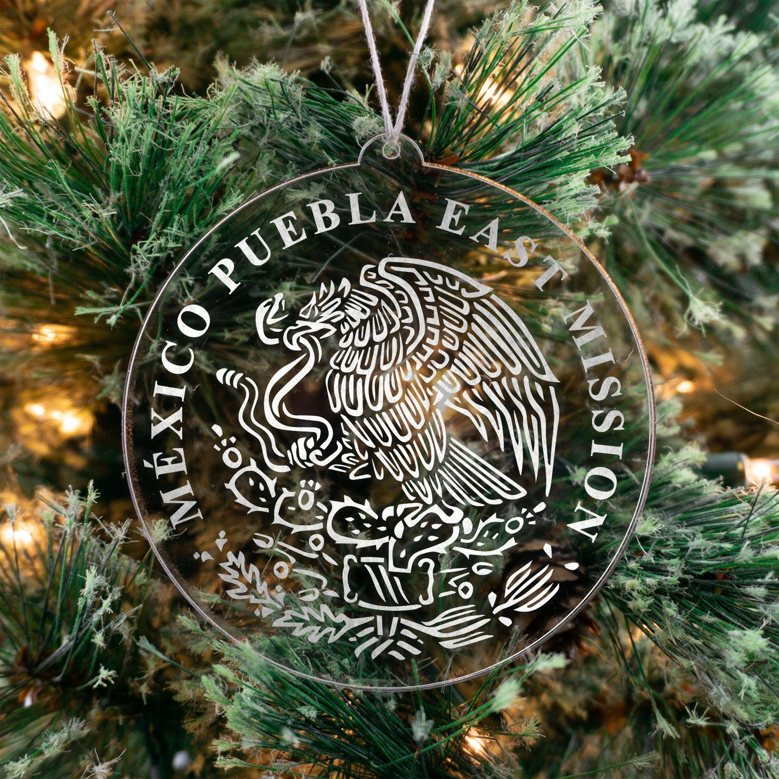 LDS Mexico Puebla East Mission Christmas Ornament hanging on a Tree
