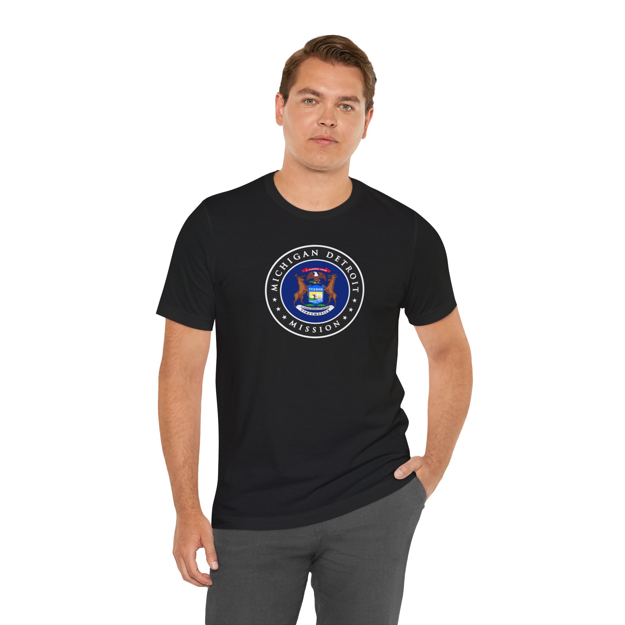 Michigan Detroit Mission State Flag Logo (Black Border) T-shirt - Latter-Day Saint LDS Missionary Gift - Book of Mormon