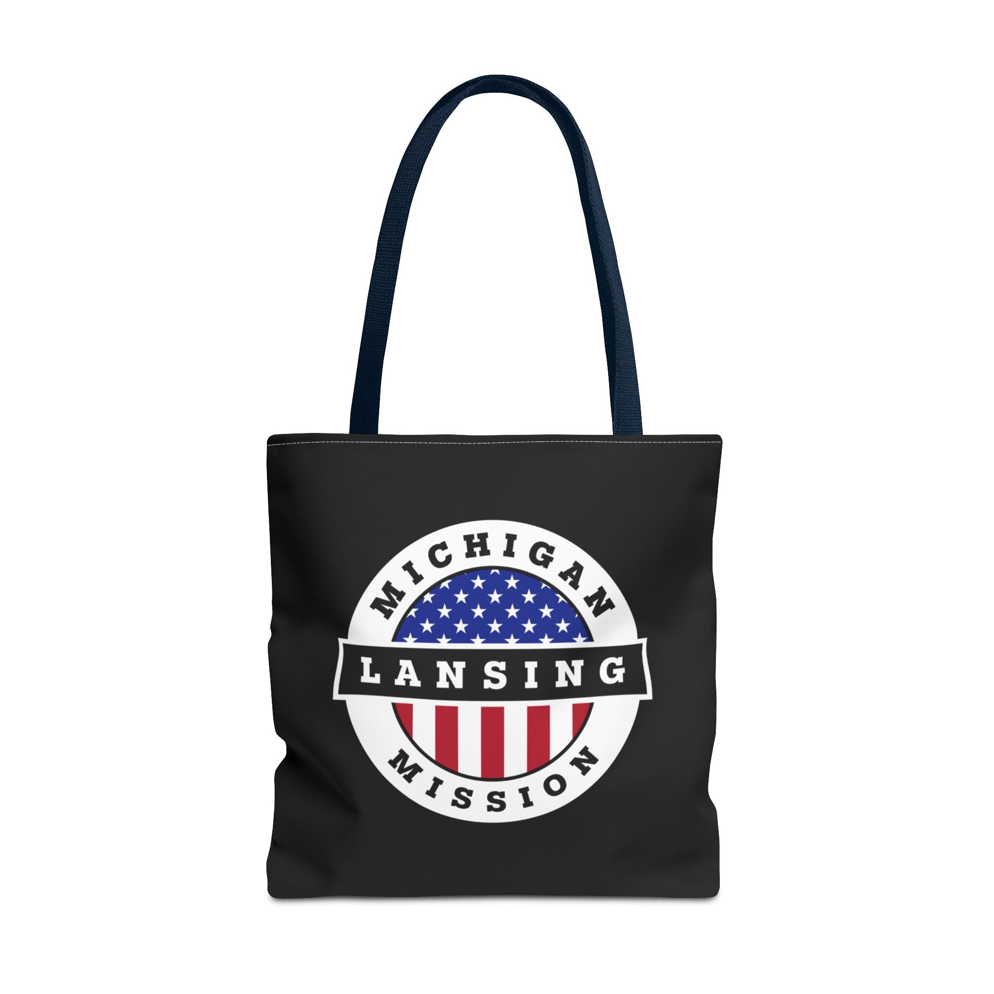 Michigan Lansing Mission USA Flag Logo Tote Bag Black - Latter-Day Saint LDS Missionary Gift - Book of Mormon