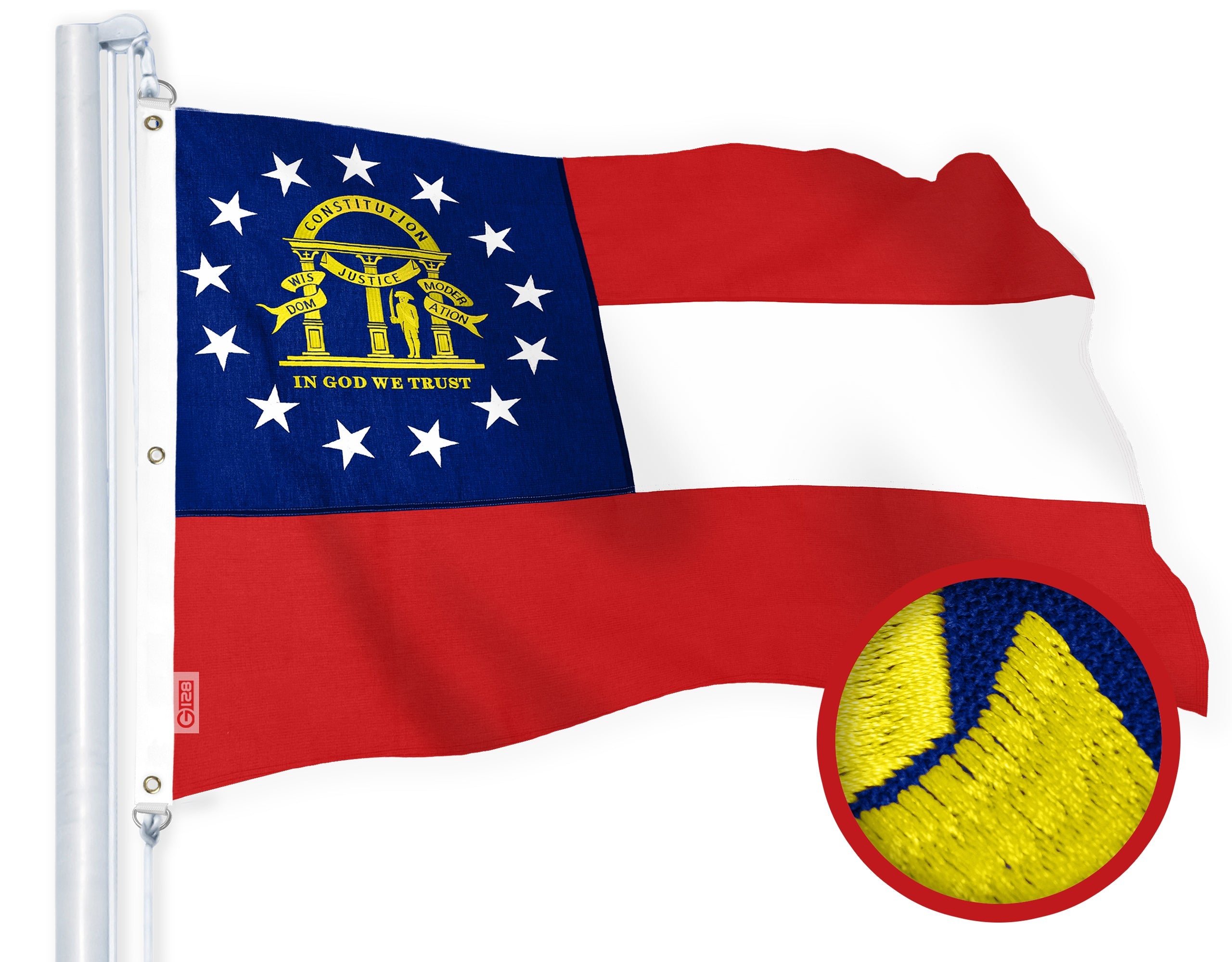 G128 Georgia State Flag | 6x10 Ft | StormFlyer Series Embroidered 220GSM Spun Polyester | Embroidered Design, Indoor/Outdoor, Brass Grommets, Heavy Duty, All Weather