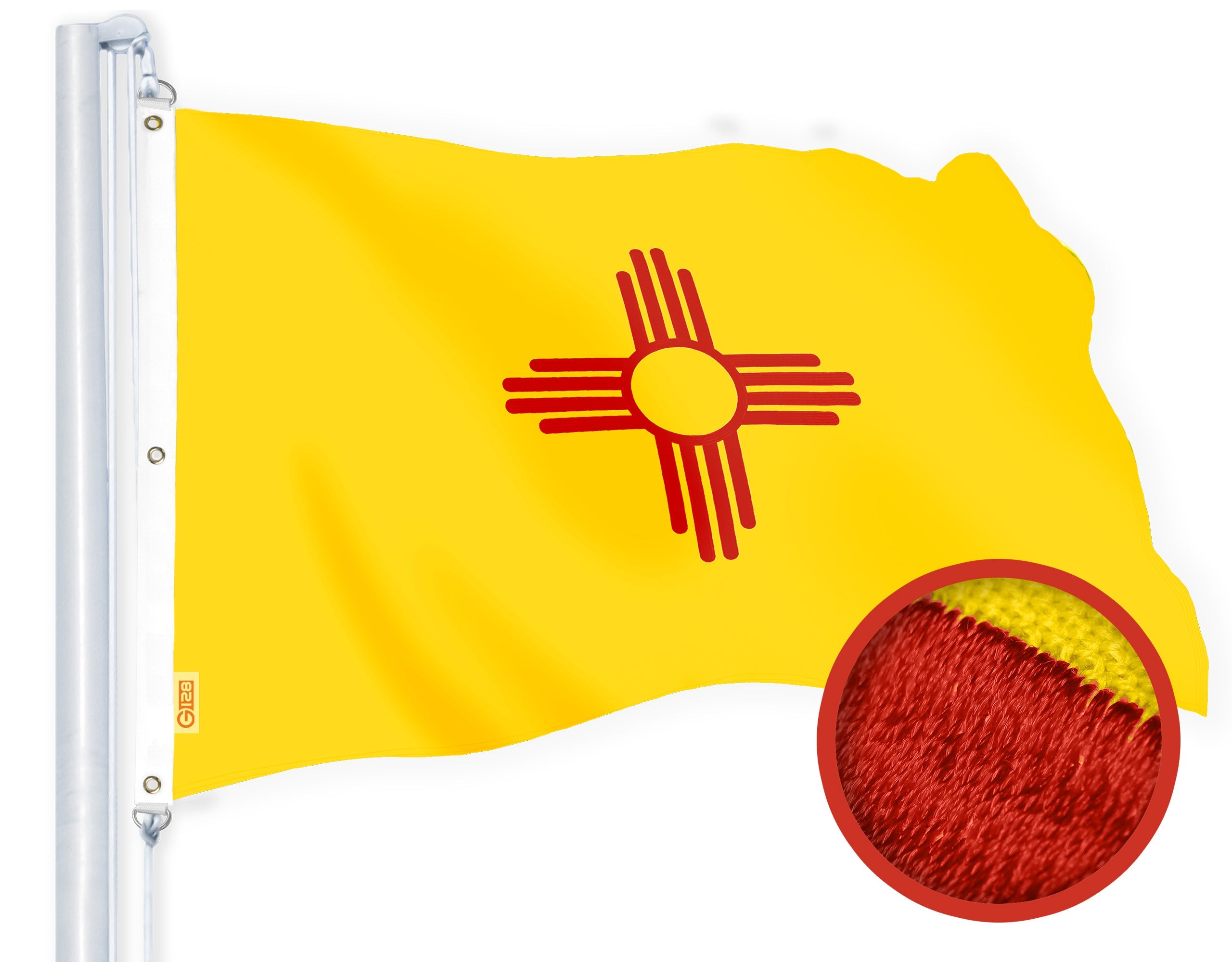 G128 New Mexico State Flag | 6x10 Ft | StormFlyer Series Embroidered 220GSM Spun Polyester | Embroidered Design, Indoor/Outdoor, Brass Grommets, Heavy Duty, All Weather