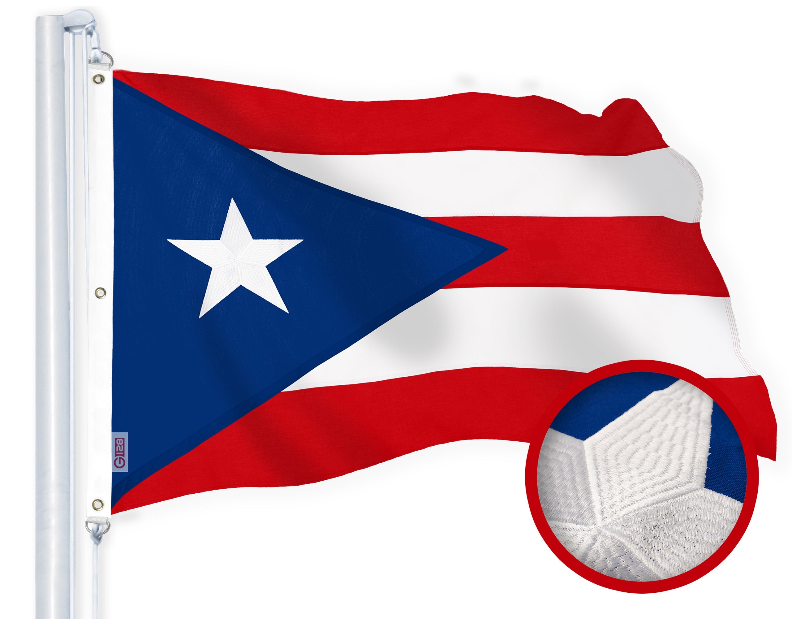 G128 Puerto Rico Puerto Rican Flag | 5x8 Ft | StormFlyer Series Embroidered 220GSM Spun Polyester | Embroidered Design, Indoor/Outdoor, Brass Grommets, Heavy Duty, All Weather