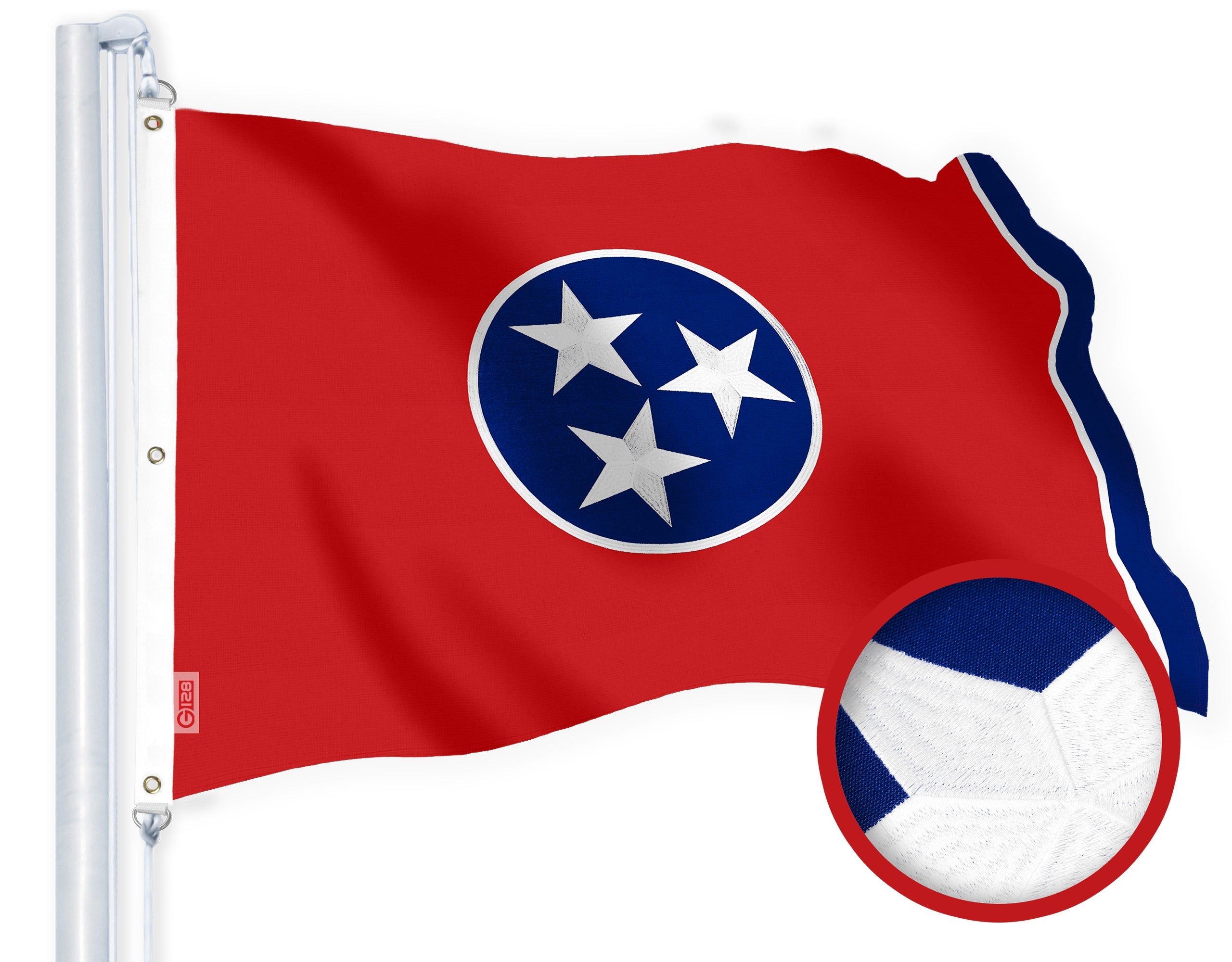 G128 Tennessee TN State Flag | 5x8 Ft | StormFlyer Series Embroidered 220GSM Spun Polyester | Embroidered Design, Indoor/Outdoor, Brass Grommets, Heavy Duty, All Weather