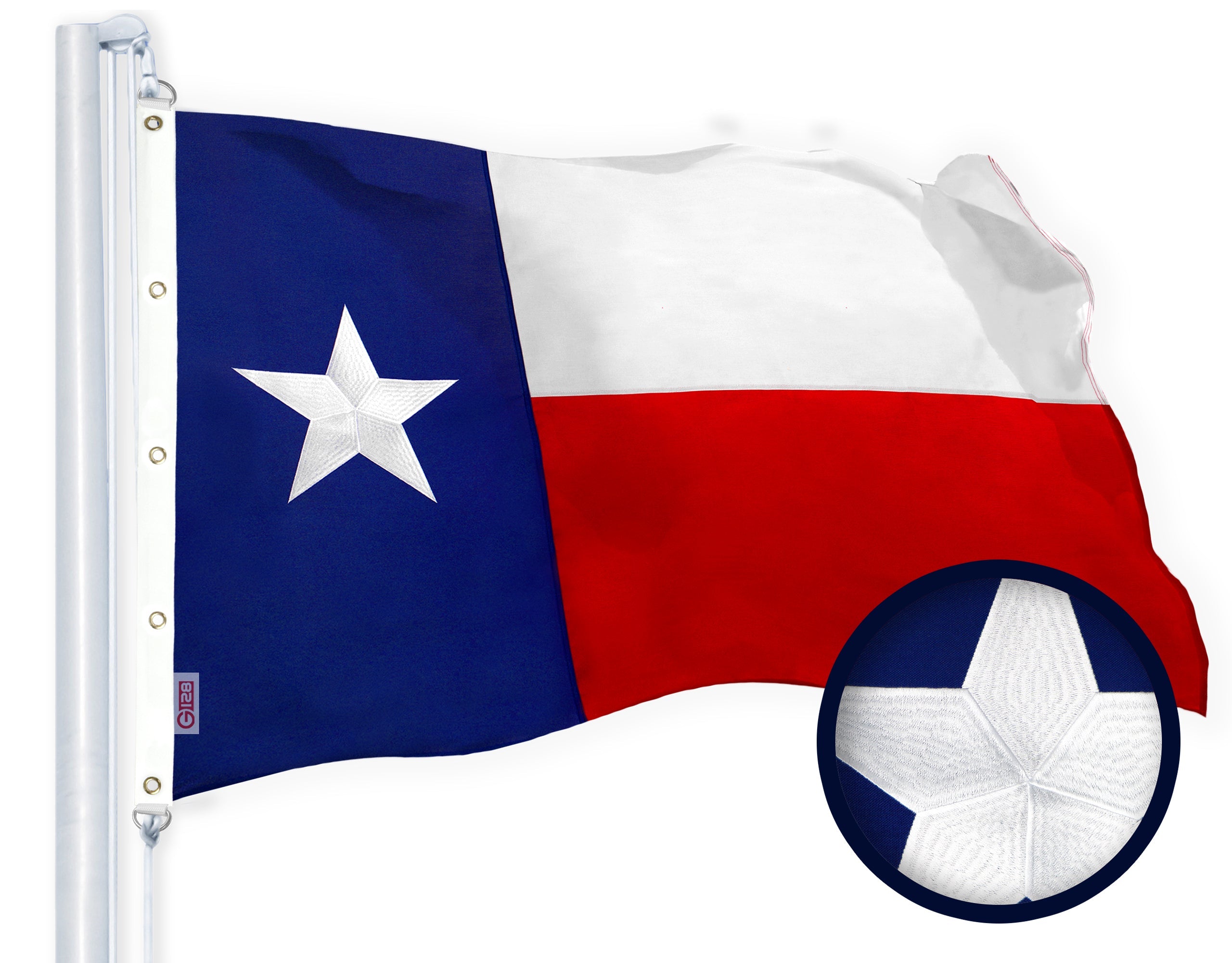 G128 Texas State Flag | 10x15 Ft | StormFlyer Series Embroidered 220GSM Spun Polyester | Embroidered Design, Indoor/Outdoor, Brass Grommets, Heavy Duty, All Weather