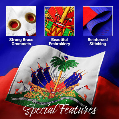 G128 Haiti Haitian Flag | 3x5 Ft | Embroidered 220GSM Spun Polyester - Embroidered Stars, Sewn Stripes, Brass Grommets, Indoor/Outdoor, Vibrant Colors, Heavy Duty Spun Polyester