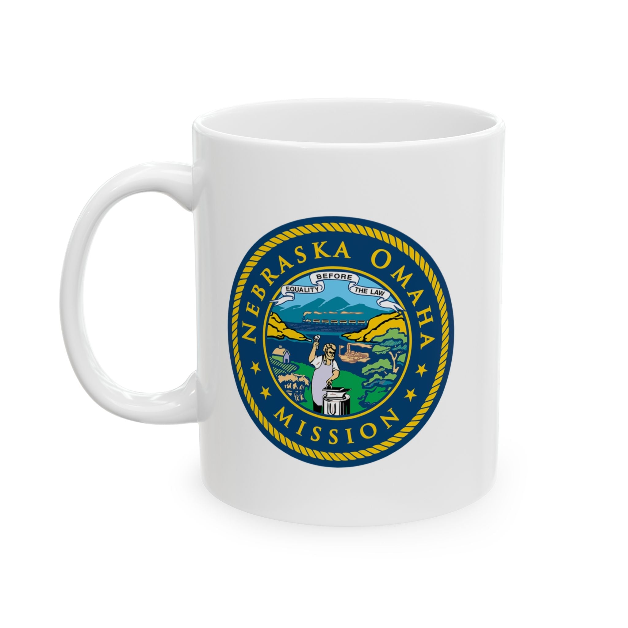 Nebraska Omaha Mission State Flag Logo Ceramic Mug White Name - Latter-Day Saint LDS Missionary Gift - Book of Mormon