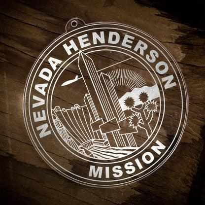 LDS Nevada Henderson Mission Christmas Ornament laying on a Wooden Background