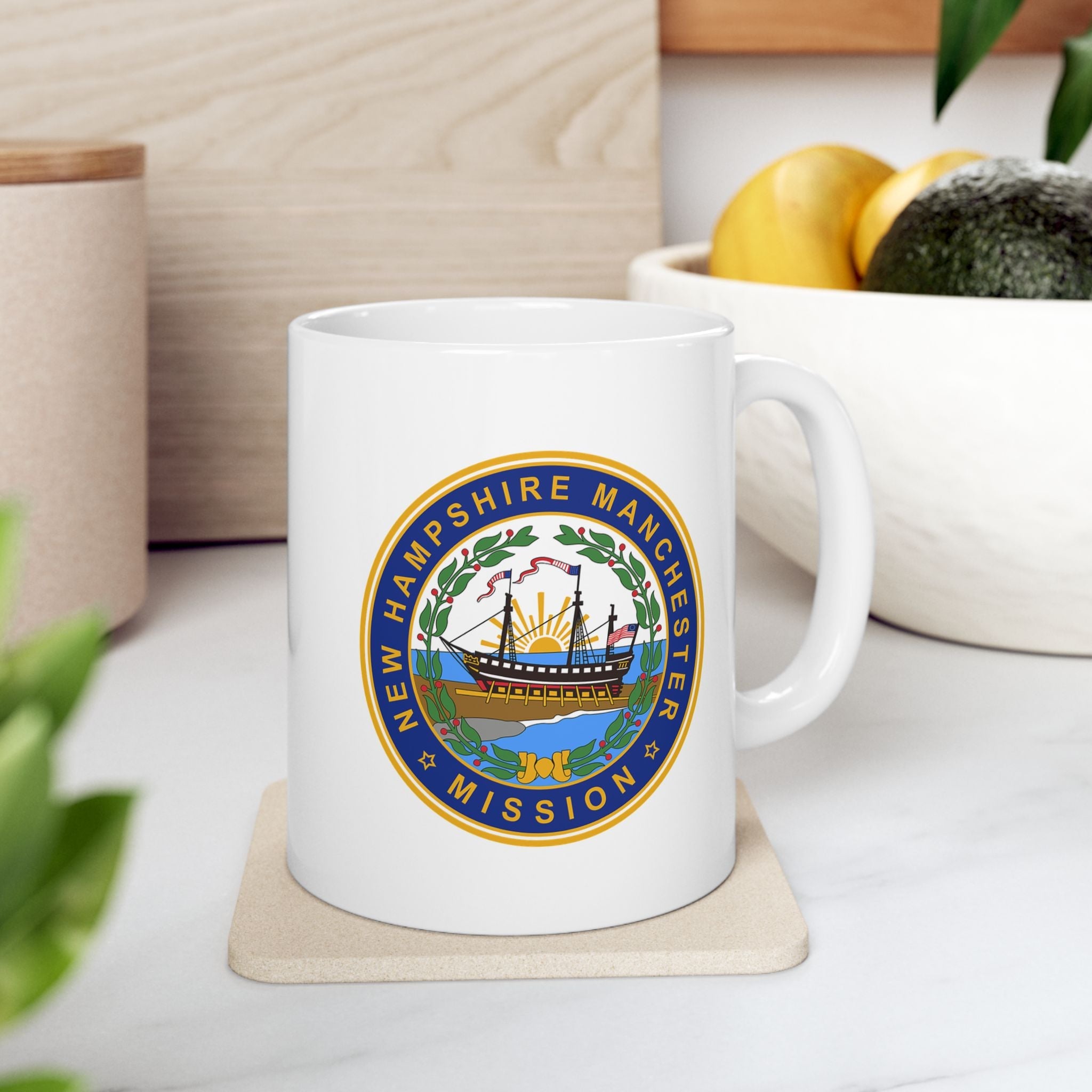 New Hampshire Manchester Mission State Flag Logo Ceramic Mug White Name - Latter-Day Saint LDS Missionary Gift - Book of Mormon