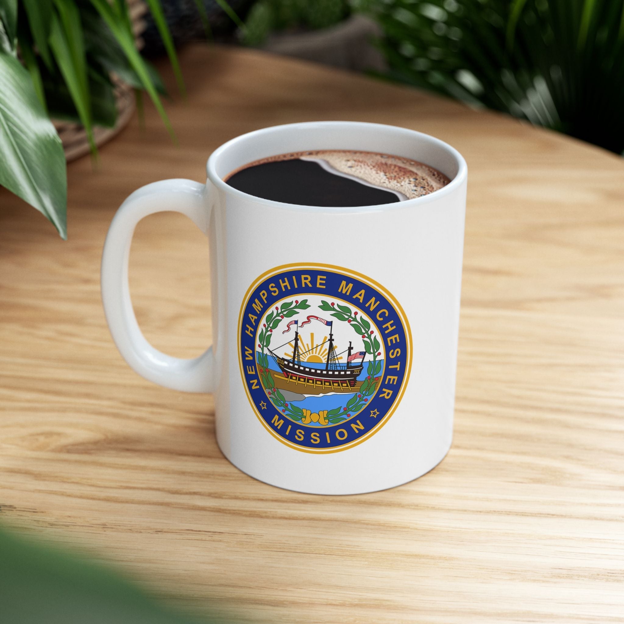 New Hampshire Manchester Mission State Flag Logo Ceramic Mug White Name - Latter-Day Saint LDS Missionary Gift - Book of Mormon