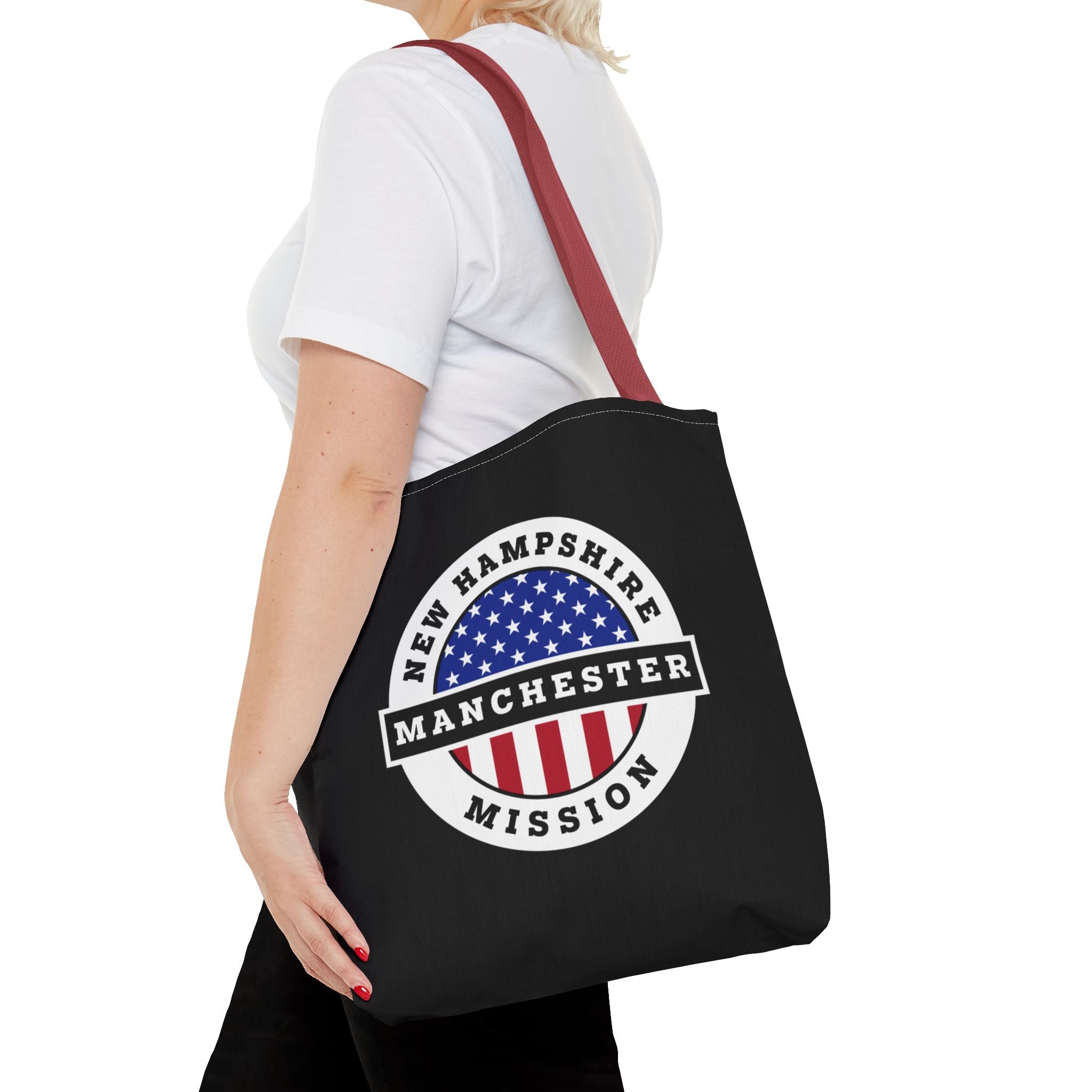 New Hampshire Manchester Mission USA Flag Logo Tote Bag Black - Latter-Day Saint LDS Missionary Gift - Book of Mormon