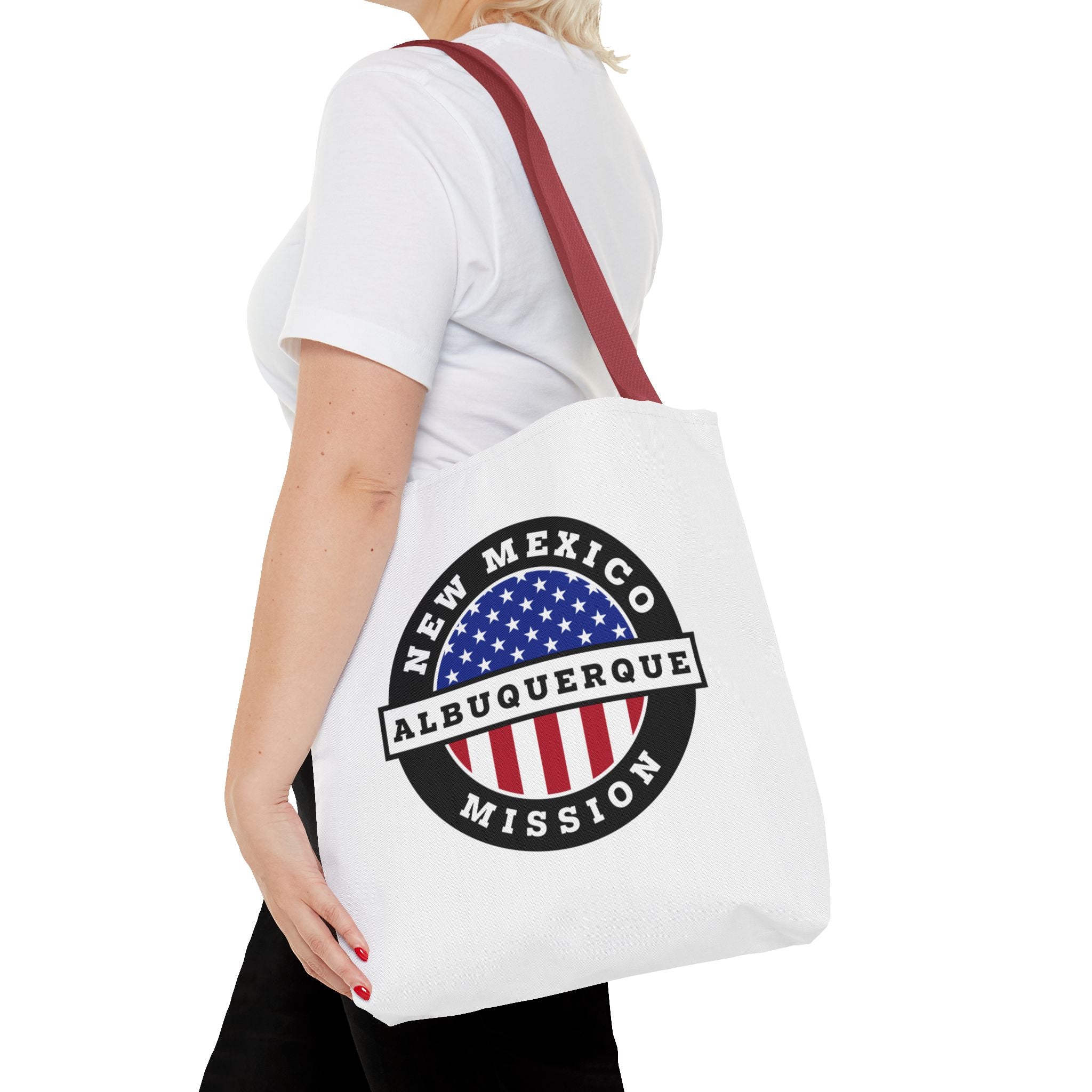 New Mexico Albuquerque Mission USA Flag Logo Tote Bag White - Latter-Day Saint LDS Missionary Gift - Book of Mormon