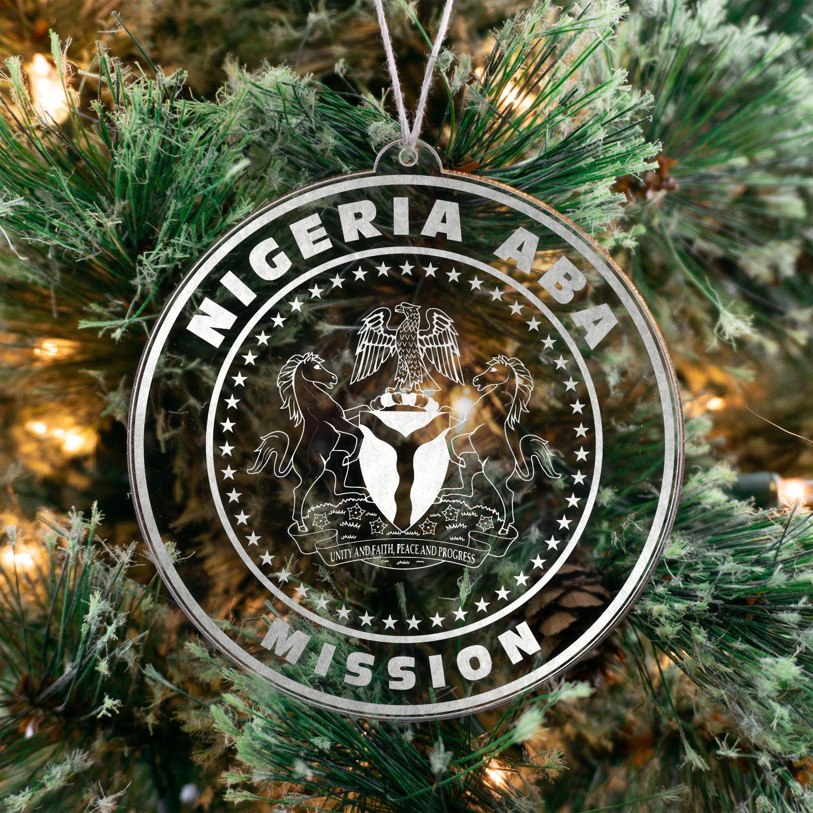 LDS Nigeria Aba Mission Christmas Ornament hanging on a Tree