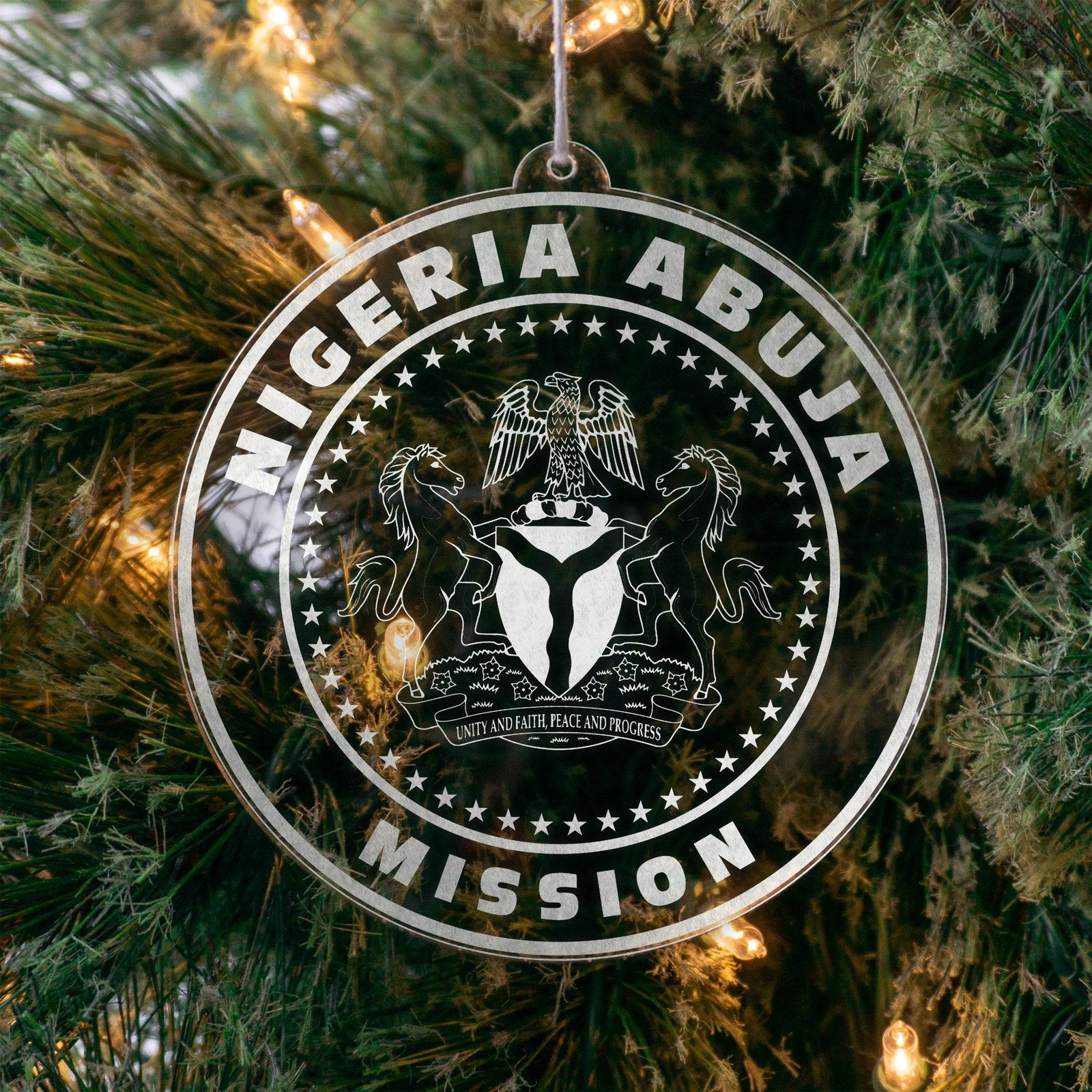 LDS Nigeria Abuja Mission Christmas Ornament hanging on a Tree